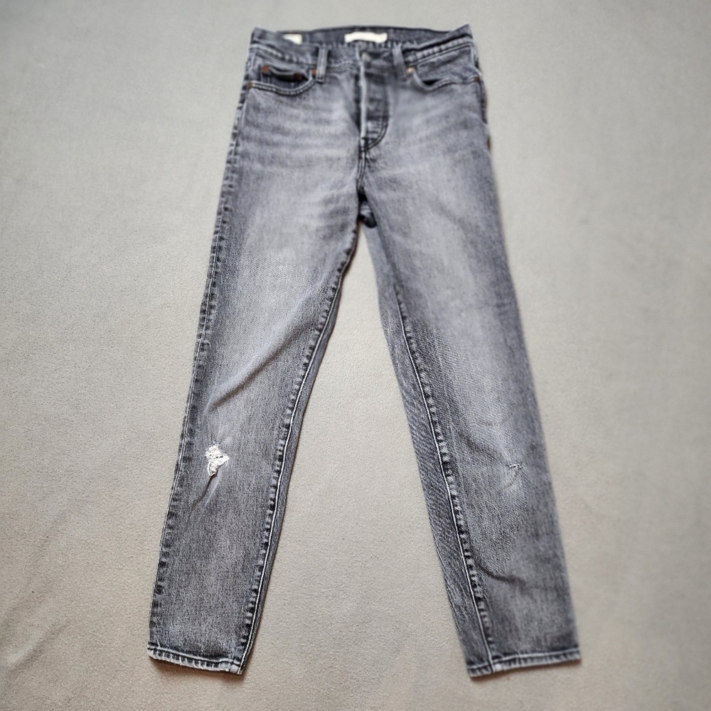 Levis Wedgie Straight Button Fly High Rise Premium Jeans Gray Black Wash Size 26